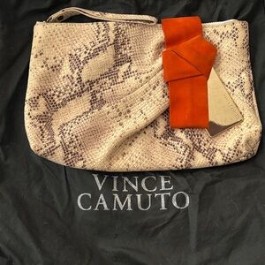 Vince Camuto Beige Snake Print Clutch with Bold Orange Detail